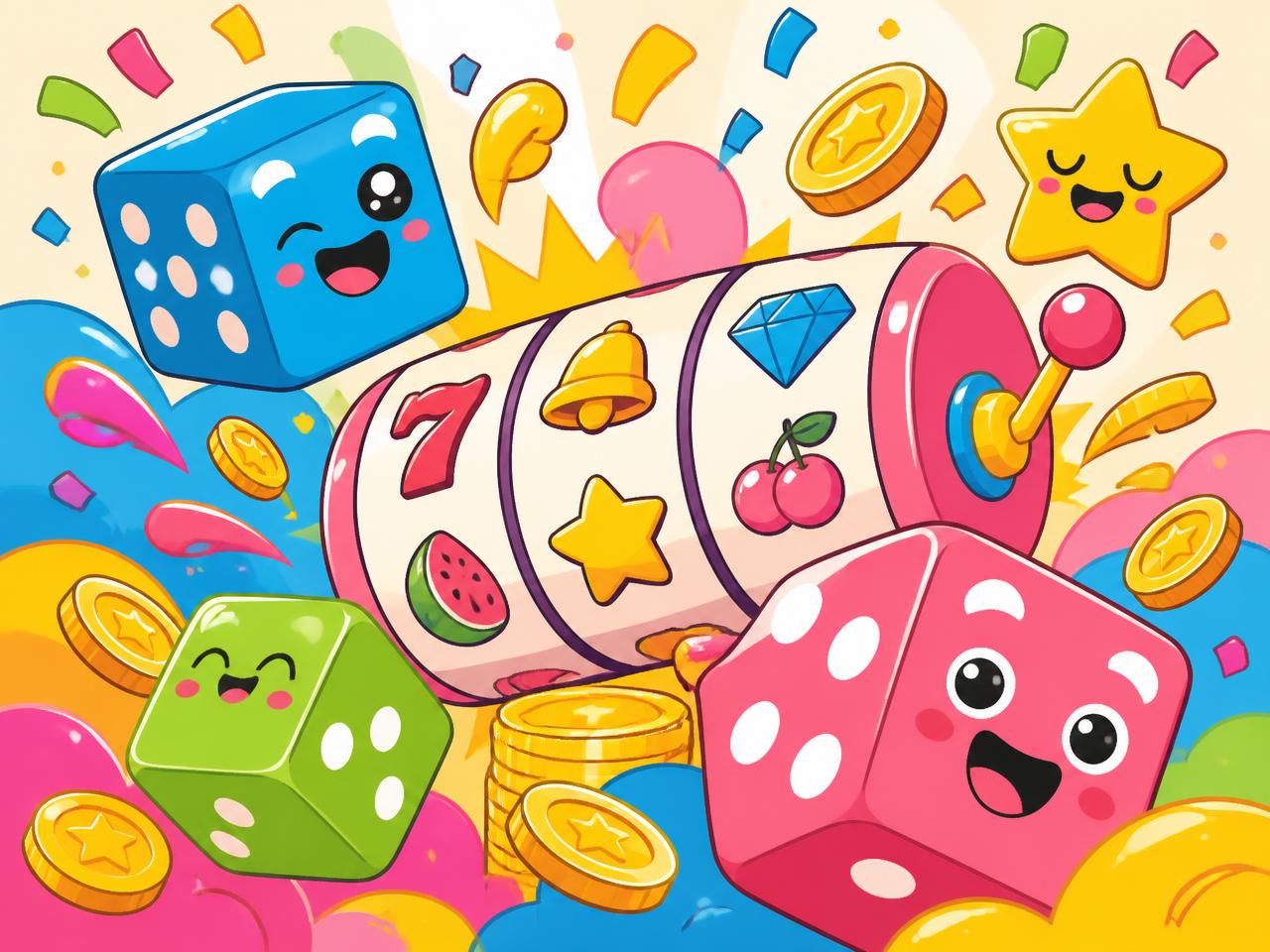 Cartoon slot reel, dice and coins illustration